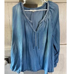 Lightweight denim top with embroidered neckline